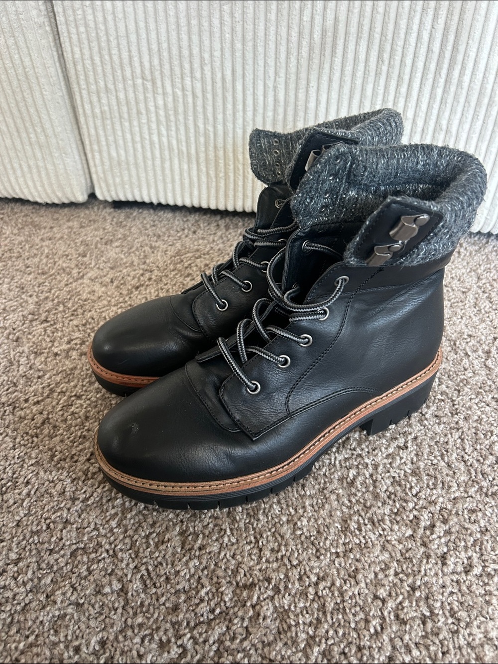 Maurices Black Leather Lace-Up Ankle Boots with Gray Knit Cuff